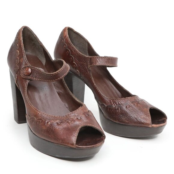 MIA Leather Mary Jane Platform Pumps Y2K Brown Peeptoe Chunky Heels Retro Mod - Picture 4 of 12